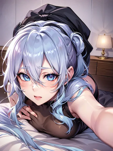 Yukino, in bed, silver hair and  blue eyes, black shirt and no bra, anime visual of a cute girl, screenshot from the anime film, & her expression is solemn, in the anime film, in an anime, anime visual of a young woman, she has a cute expressive face, stil...