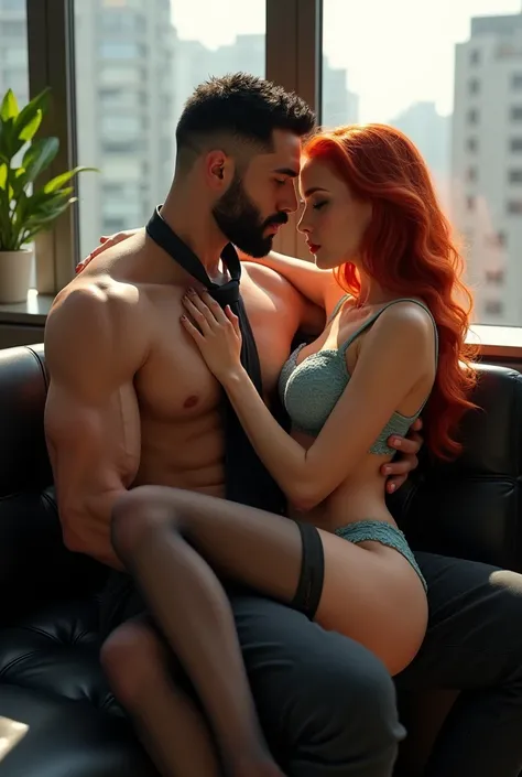  Young muscular man ,  with short black beard and short black hair , and very blue eyes ,  shirtless ,  with only a half-put tie around her neck,  and a young woman , Redhead, red lips and green eyes,  in light blue lace lingerie ,  wearing black garter ti...