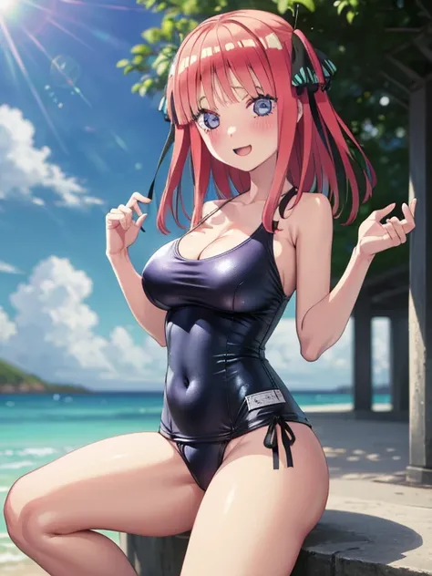 masterpiece,1 female, large breasts, blush, cheerful eyes, one-piece swimsuit, swimsuit side ribbon, shameless pose, nino nakano