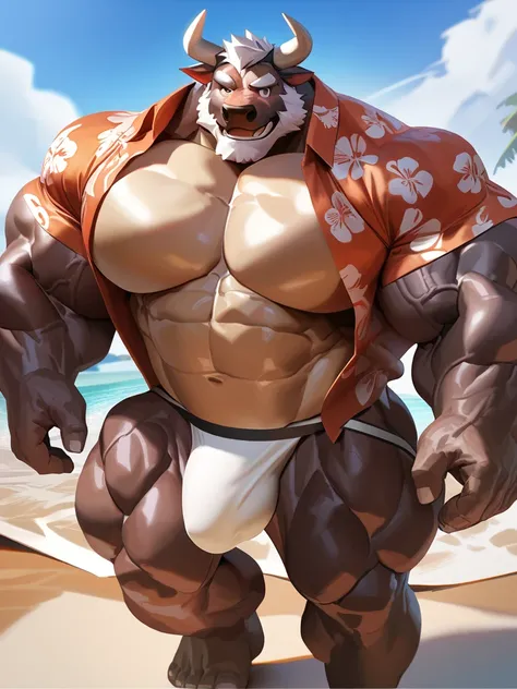 by_lindong, score_9, score_8, A huge muscular old bull, furry bull, full body, walking, jockstrap, (Hawaiian shirt. open shirt), beach, bulge, cock view, short hair, detailed wrinkles, happy, detailed veins, (detailed muscles, over sized muscle, very huge ...