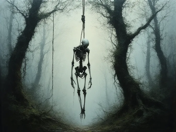 skinny humanoid creature hanged in the forest, unsettling atmosphere, beksinski art