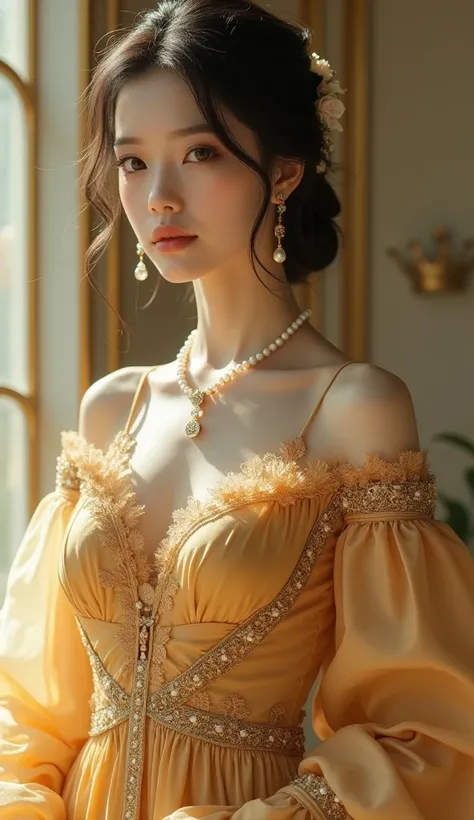  Front view of an elegant and intelligent young woman in a gold dress with a full body、 Asian、The skin is relatively white、Lavish clothing、Clothes have silky lace 、Gold wire trim、Jewelry decoration、 and has a pearl necklace hanging over her neck。
 crowns a...