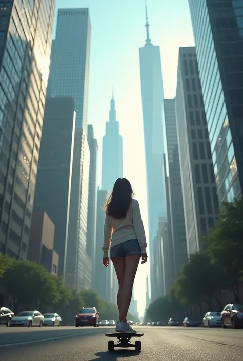 there is a woman that is standing on a skateboard in the street, a picture inspired by Cheng Jiasui, pexels contest winner, happening, standing in a city center, buildings are flying, with towers, stepping on towers, epic buildings in the center, rising in...