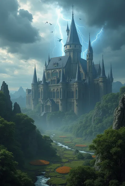 Create a realistic 3d /Realistic of a HUGE ,  very large and wide school of Dragon riders .  The setting is stormy and the school has a medium structure  "gothic".  There is thunder coming out and in front of the school there is a BIG garden.