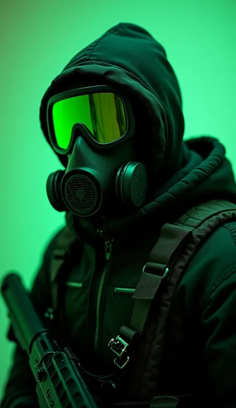 soldier with black equipment ,  black gas mask but with green gas mask lenses and with a green aura