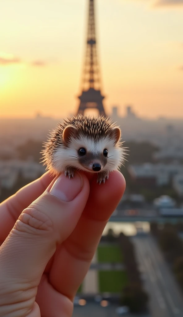 An ultra-realistic image of a tiny micro-European hedgehog delicately perched on the tip of a human finger. The hedgehog is depicted with stunning detail, showcasing its spiky yet soft quills in shades of brown and cream, a tiny, perfectly formed snout, an...