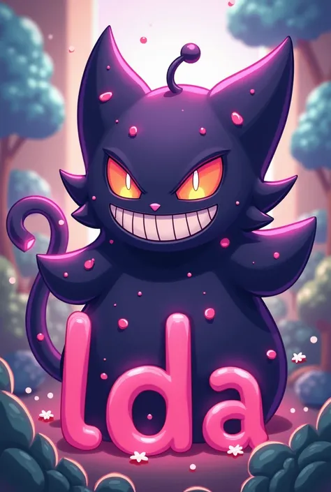 A Gengar Pokemon with the letters LDA below pretty and colorfully decorated anime that looks like a Pokemon from the Pokemon anime