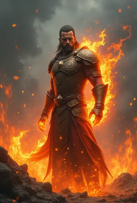 Create an image of a warrior capable of using pyrokinesis at 70%