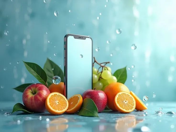 I want an image with fruits and cell phone with a blue background with drops of water