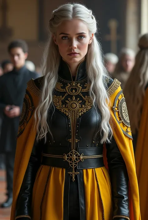 Create a young Baratheon woman with long silver hair and dresses of yellow and black colors 