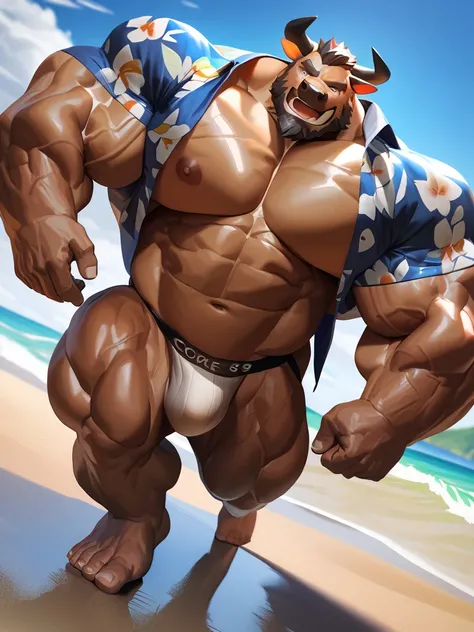 by_lindong, score_9, score_8, A huge muscular old bull, furry bull, full body, walking, jockstrap, (Hawaiian shirt. open shirt), beach, bulge, cock view, short hair, detailed wrinkles, happy, detailed veins, (detailed muscles, over sized muscle, very huge ...