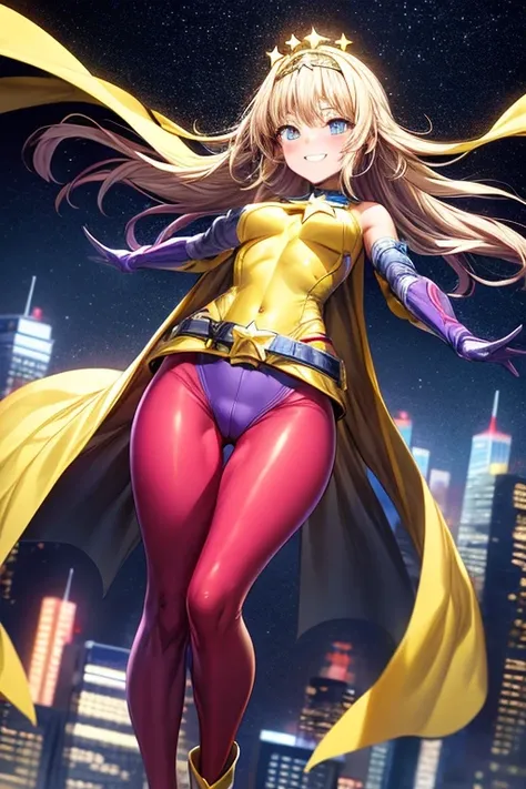 ((best quality)), ((masterpiece)), (detailed), 1 girl, 1, Smiling face, Blue eyes, Star-shaped tiara, Arms outstretched, Arms behind waist, Blue superhero mask, Blushing, Blonde hair, Straight hair, Long hair, Bangs, Hair ornaments, Star hair ornaments, Fu...