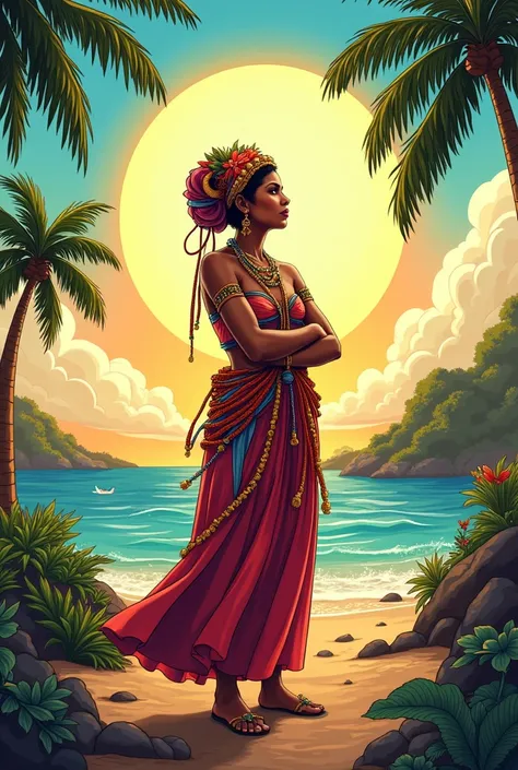 Thoughtful figure of faith in typical Puerto Rican costume on a comic-style island