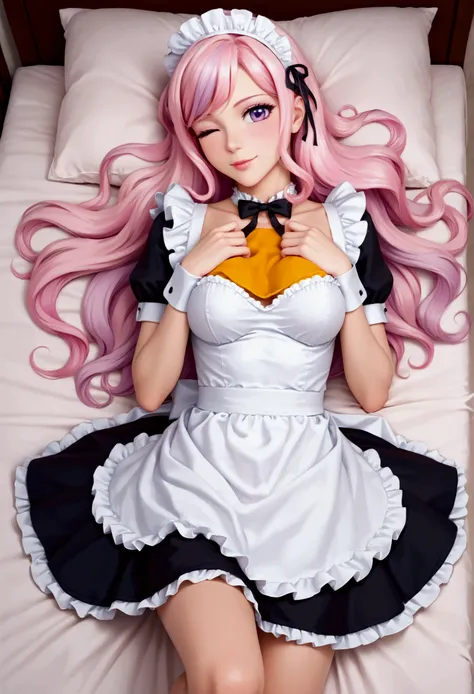 Belle Delphine, Maid ,laying on bed, wink at viewer