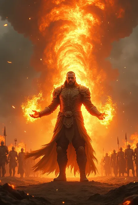 Create an image of a warrior capable of using pyrokinesis at 150 %  and is in the middle of a fiery tornado while summoning meteorites to attack a dark army