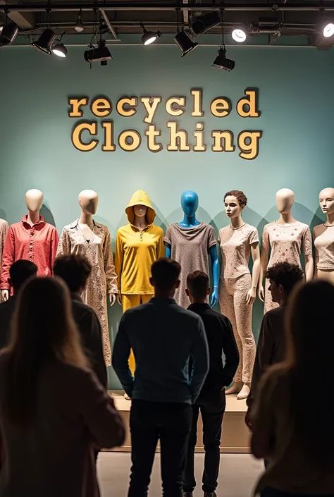  modern store full of mannequins that see recycled and innovatively designed garments.  A sign on the wall reads : "recycled clothing,  A sustainable future ".  Among the crowd of people ,  superheroes are present , but dressed as civilians ,  integrating ...