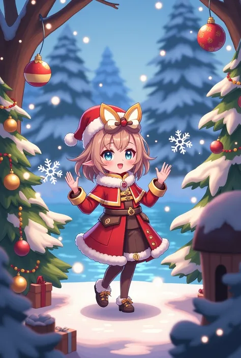 Christmas background with Geshin Impack characters such as Maviuika as a reference