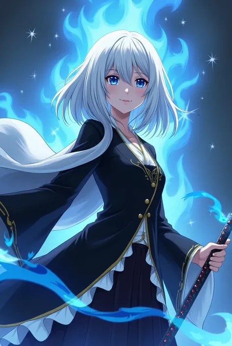 Create a character from the anime Bleach .  A teenage faith who is a soul-reaper . with light skin. Shoulder-length white hair and beautiful blue eyes with the current Bleach anime style