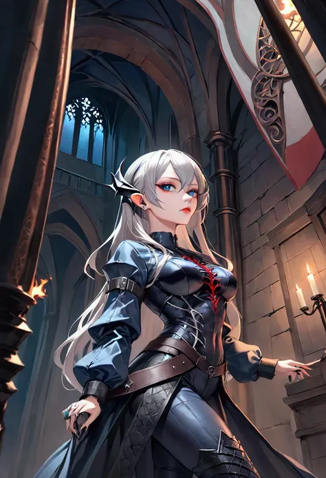 Beautiful demonic  woman. She’s skinny and slim. Her skin is pale and cool. Her hair is white and her eyes are blue and lifeless. She wears a black and blue combat outfit 