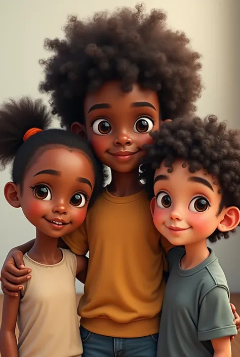 Une enfant fille de 3 ans métisse avec une touffe bouclé, A  mixed race girl with frizzy hair tied in a ponytail , A mixed race boy with slightly slanted eyes, short curly hair and a young mixed race boy with curly hair above his shoulders 