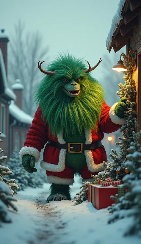 (  Masterpiece  :1.2),  top quality,  Christmas,  monster covered with green fluffy fur doing Christmas decorations,   Santa Claus costume, snowy landscape, Town with chimneys , Im trying to get inside the house with my foot in the chimney, Im on a sleigh ...