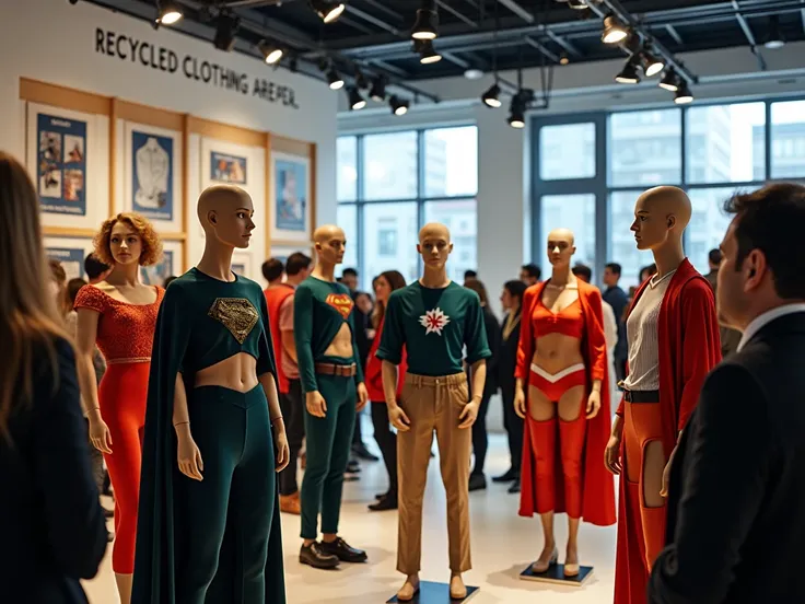  modern store full of mannequins that see recycled and innovatively designed garments.  A sign on the wall reads : "recycled clothing,  A sustainable future ".  Among the crowd of people ,  superheroes are present , but dressed as civilians ,  integrating ...