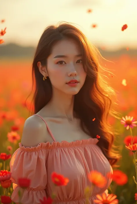 (masterpiece, ultra quality:1.2), (super details), (award winning), (photorealistic), modeling shoot, 1girl, Japanese model, 24-26 years old, (beautiful face), beautiful eyes, standing in the flower field, (((murmuring flower petals))), ray of sunlight, vi...