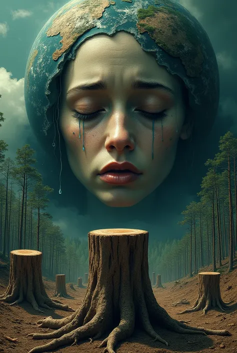 Make a poster about deforestation with crying earth and show some cutting trees 