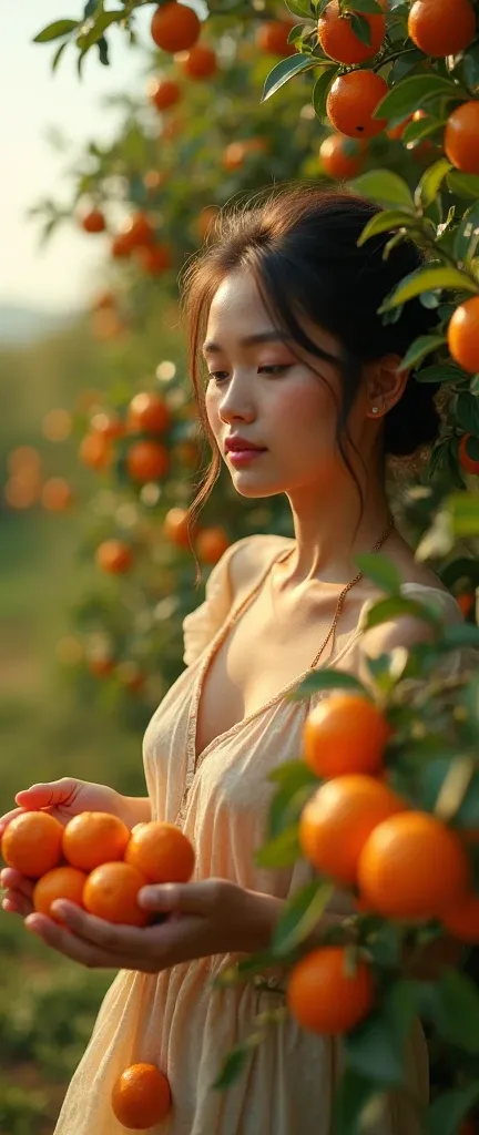 A woman harvesting mandarins  orange,
an mandarins  orange orchard,
a bunch of mandarins  orange,
detailed face, beautiful face,
