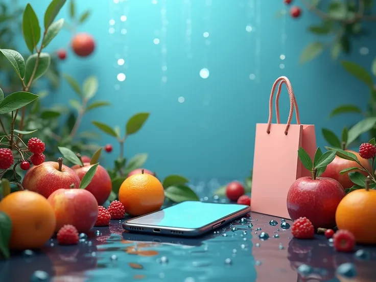 I want an image with fruits and a cell phone it also has an image of shopping with a blue background with drops of water