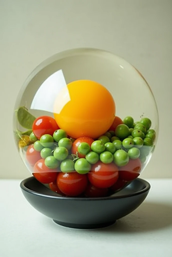  image of a ball filled with egg , tomato and pea .  the bowl is black and the background of the image is neutral,  From a top view  