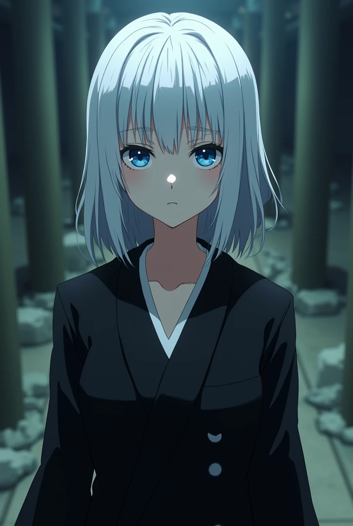 Create a character like the format of the anime Bleach .  An ugly teenager wearing a soul-reaper uniform .   Shoulder-length white hair and blue eyes. With soft lines and a resemblance to Orihime from the anime Bleach