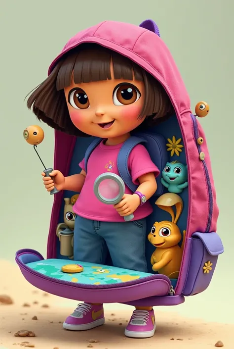 make a toy concept of dora the explorer "doras adventure backpack playset: this interactive backpack would open up to reveal various compartments, each containing tools for exploration, such as a compass, magnifying gglass, and map. ren can use these items...