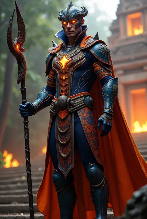 India (Scorpio of the Serpent)
Armor Design:
A fierce suit in deep indigo and fiery orange, representing mystery and transformation. The chest reactor is shaped like a glowing cobra coiled around a scorpion, symbolizing duality and spiritual awakening. The...