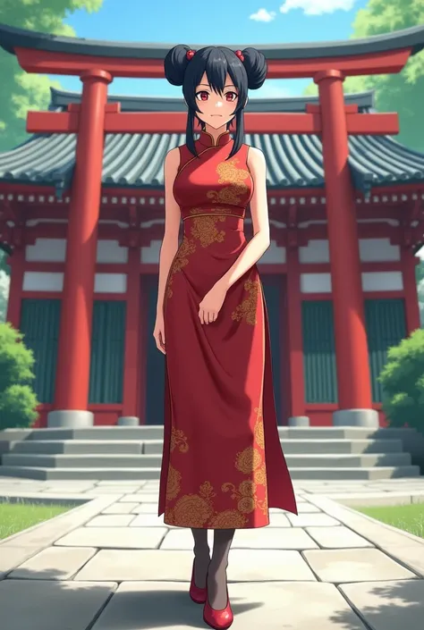 Tenten wearing chinese dress with stockings and ballet flats front of a shinto temple 