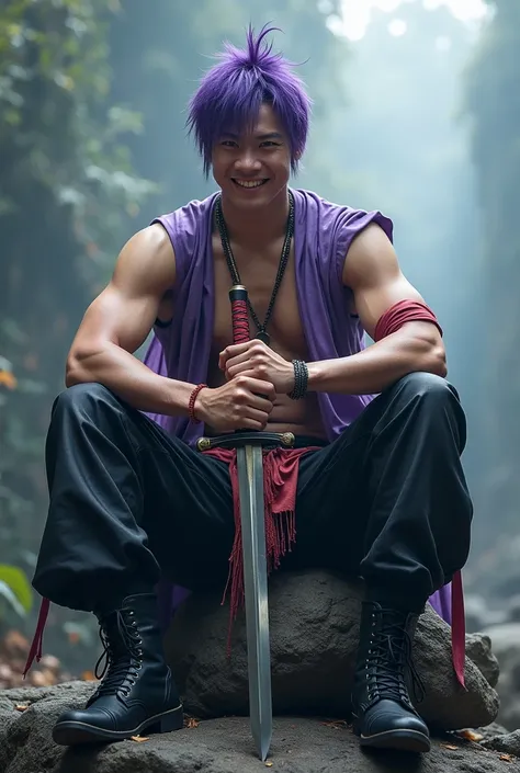  A bare-chested asian guy,costumed Harajuku , long shiny black pants ,black buts shoes ,  was sitting cross-legged on a boulder,Purple Hair, holding a samurai sword while smiling , looks real ,background light .