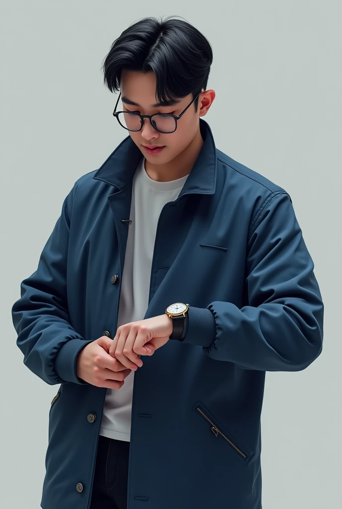 Figure of a 30-year-old Korean man, tall 170, heavy 70, wearing black glasses, wearing a cool blue jacket, bending over to look at his own wristwatch