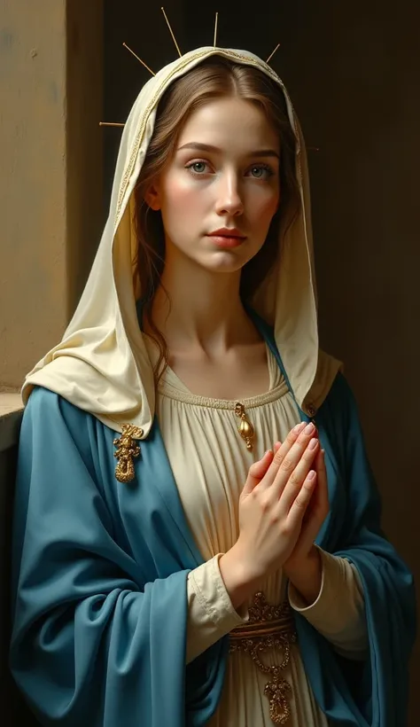 a beautiful virgin mary in a blue dress, detailed face, long eyelashes, perfect skin, detailed hands, johannes vermeer, oil painting, detailed fabric, indoor setting, natural lighting, golden hues, high quality, masterpiece, photorealistic, 8k