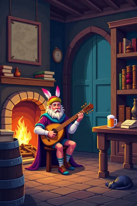  Pixel art of a cozy medieval tavern in 16 aspect ratio:9. A classic bard ,  wearing colorful gibbon ,  short cover and feather hat ,  is sitting near a fireplace Playing a lute .  The warm lighting of the fireplace  (yellows and oranges)  contrasts with c...