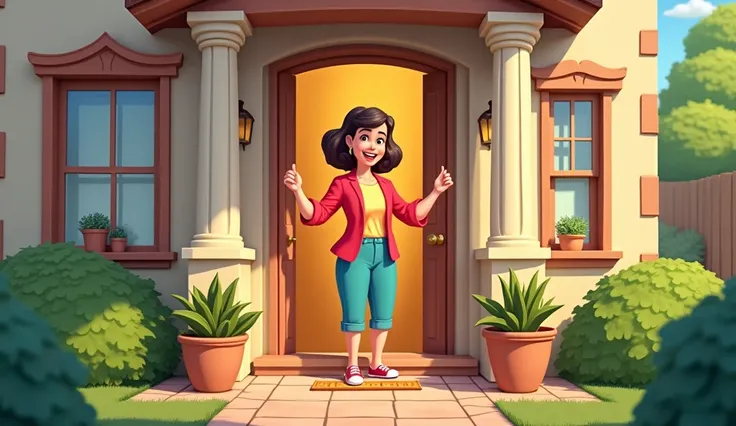 Woman opening the doors of a house to let people in realistic cartoon