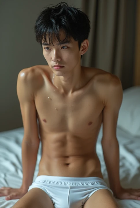 A l old korean boy student. Wearing unbutton uniform showing his abs and chest. Wearing a white wet underwear. Photo taken while him lying on  bed. Drops of sweat on his body