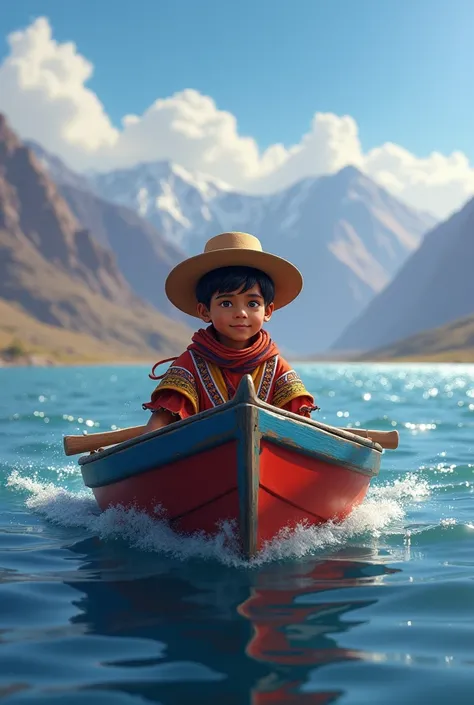 Create an indicito  who is on a boat from Lake Titicaca that is arriving at his school
