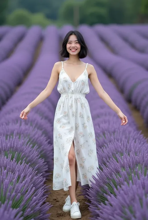 Photo of from high angle, Beautiful Thai-Korean woman, 22 years old, perfect figure and white skin with beautiful D-cup breasts, black short bob hair, wearing loose white off-the-shoulders sleeveless long dress with tiny floral pattern revealing beautiful ...