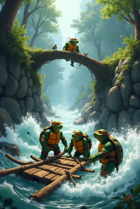 Chapter 3: The First Obstacle

The team encounters a broken bridge over a rushing river. Turtle uses teamwork and creative thinking to build a makeshift raft from fallen logs.

Using a turtle scene Please an image that describe chapter 3