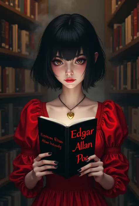  Pale girl with short hair , a red dress,  with a very apparent book ,  with the name of EDGAR ALLAN POE ,  in bold red with a black cover .    her nails are black , And small but sharp .  And she wears a necklace with a gold heart pendant. Your gaze is in...