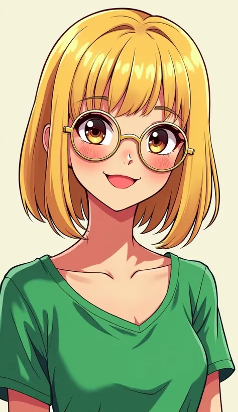 Style manga, A 25 year old woman, white with brown eyes. She is blonde with lighter highlights. Bob haircut. The hair is straight. She wears gold rounded glasses. She has a thin nose and full lips. She is smiling and wearing a green top. Elle est extravert...