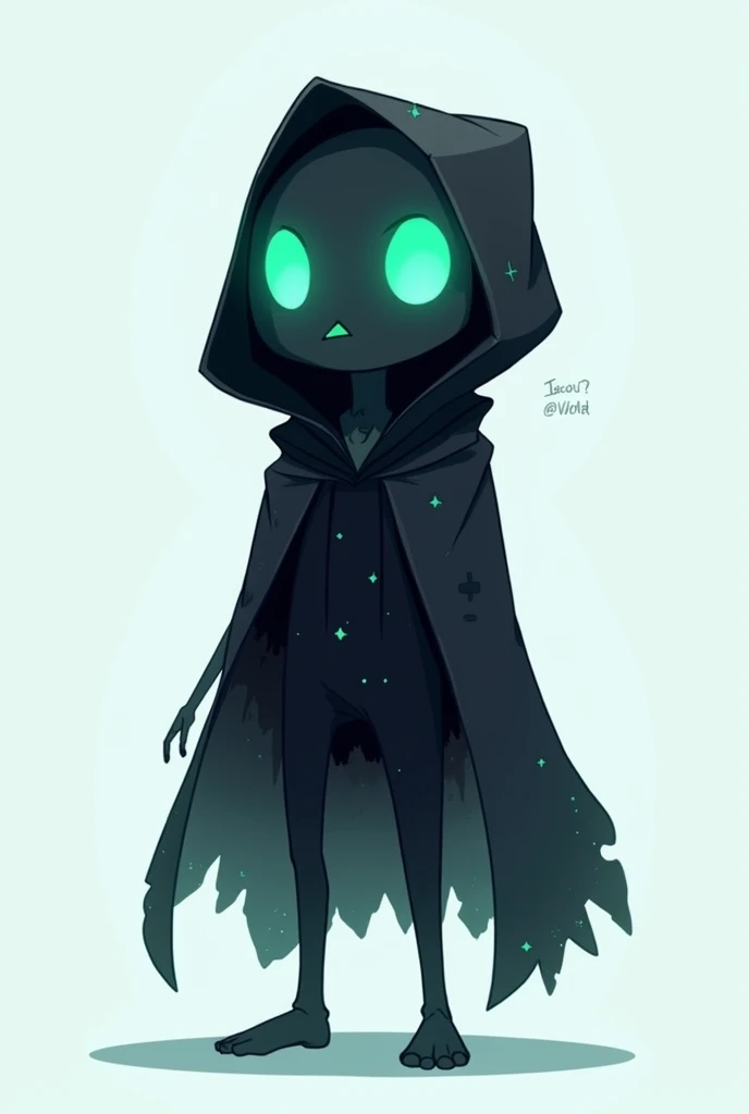 "Design a cartoon-style character named Voyd, representing the theme of Void and the emotions in video games. Voyd has a translucent, shadowy body with faint galaxy-like patterns and glowing pixelated green eyes. He wears a flowing, tattered hooded cloak t...