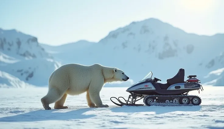 A powerful polar bear strides confidently through a snowy Arctic landscape, with a snowmobile parked nearby. The snowmobile is fitted with skis and a rear track for maneuvering through icy terrain, while the bears presence highlights the raw beauty and cha...