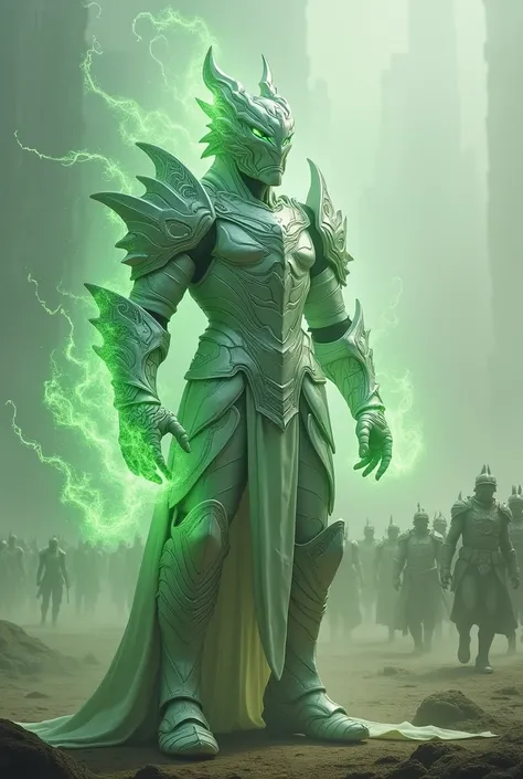 Create an image of a warrior capable of using photokinesis at a level capable of fighting with an army of one million. The warrior wears armor created with white dragon skin and that green energies flow through it 