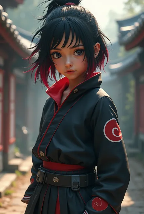 Female character from Naruto. Dark skin. Twelve years old. Black eyes. Black hair with red highlights. Ninja outfit. Naruto style 